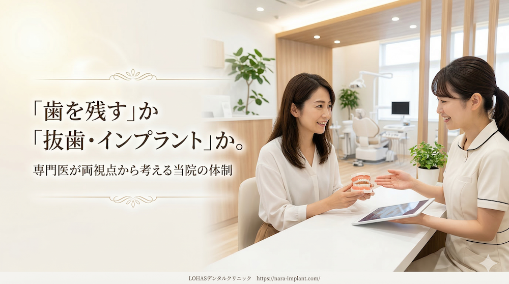 「歯を残す」か「抜歯・インプラント」か。専門医が両視点から考える当院の体制
